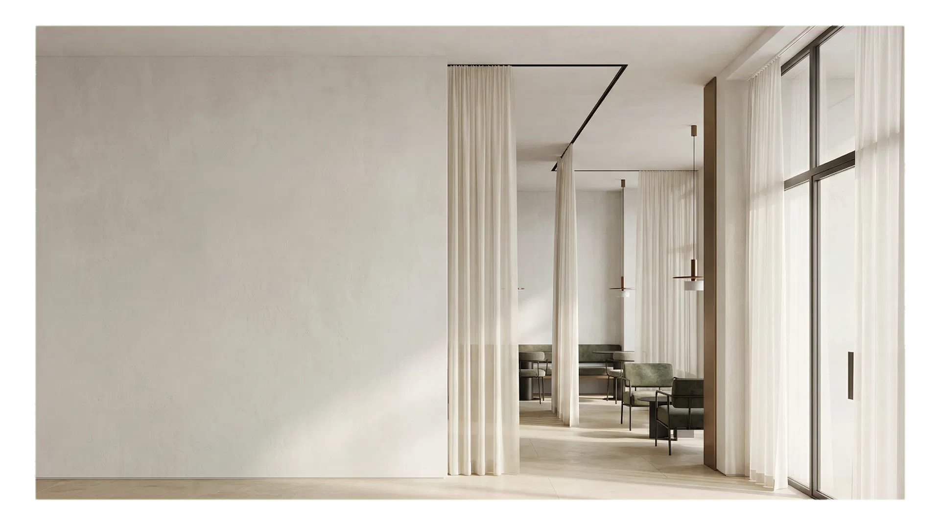 Premium commercial interior showing ceiling curtain tracks used for flexible room division