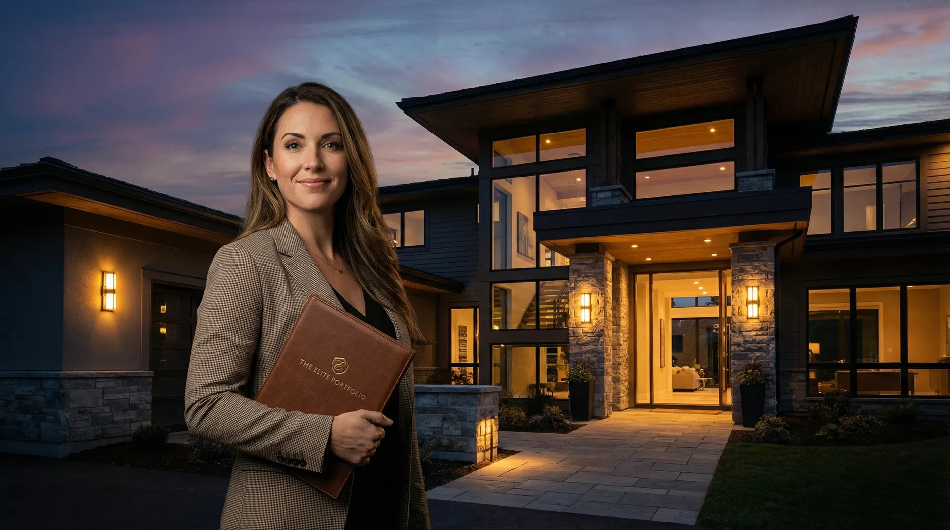 Confident realtor with authority ebook in front of luxury home