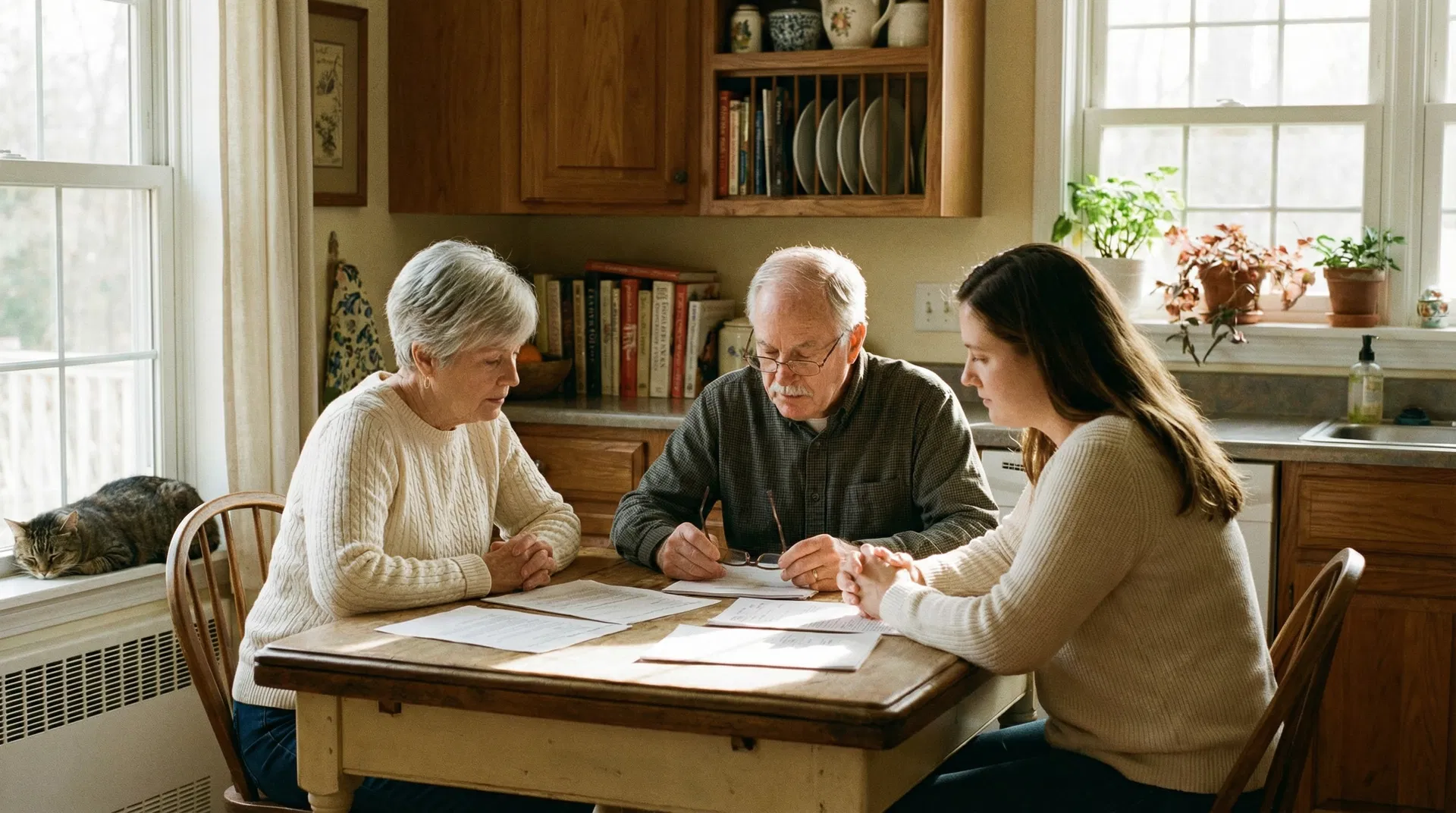 Family reviewing documents