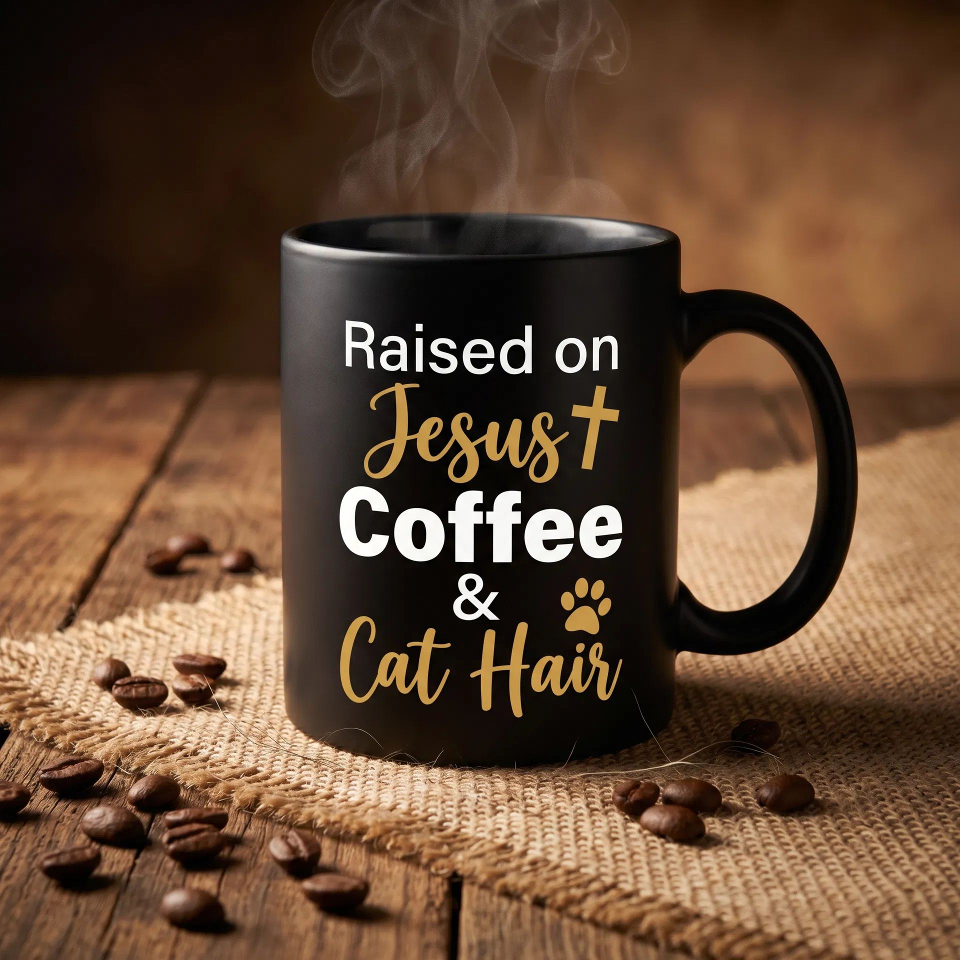 Raised on Jesus Coffee and Cat Hair — black mug