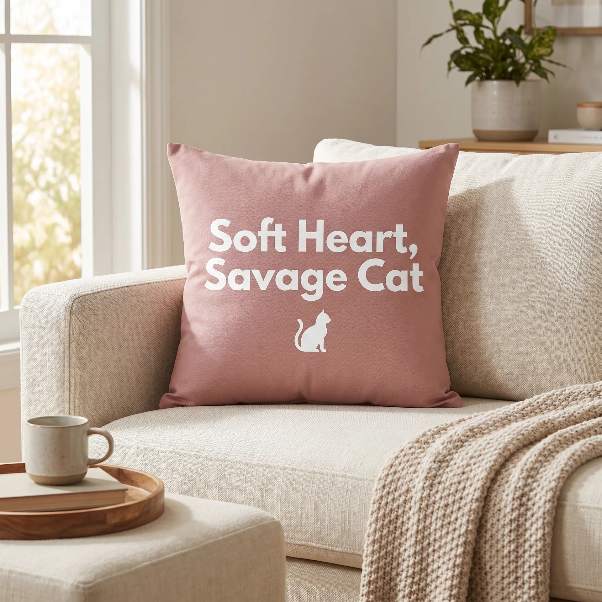 Soft Heart Savage Cat — rose throw pillow