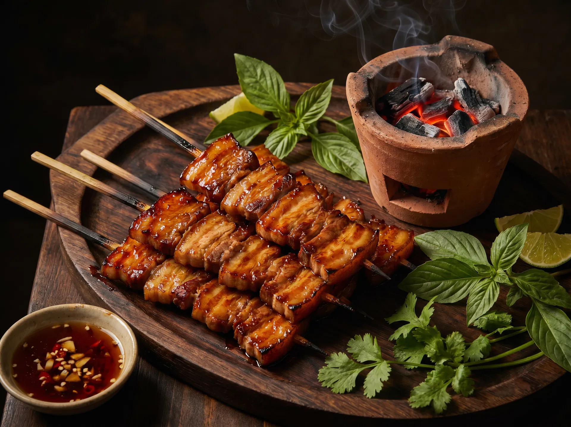 Thịt ba chỉ đã ướp xiên que tre nướng vàng bóng cạnh bếp than và rau thơm