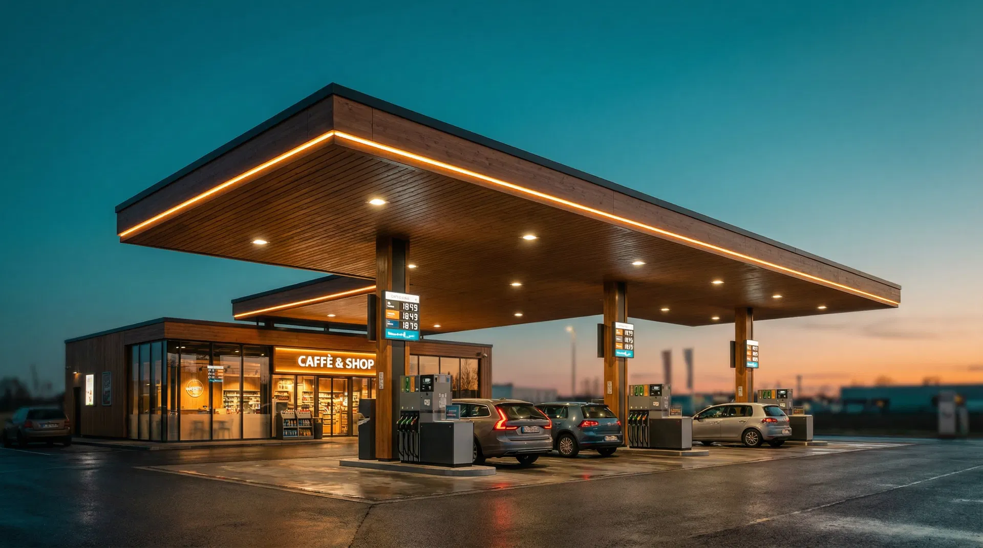 Fuel station with petrol and diesel pumps
