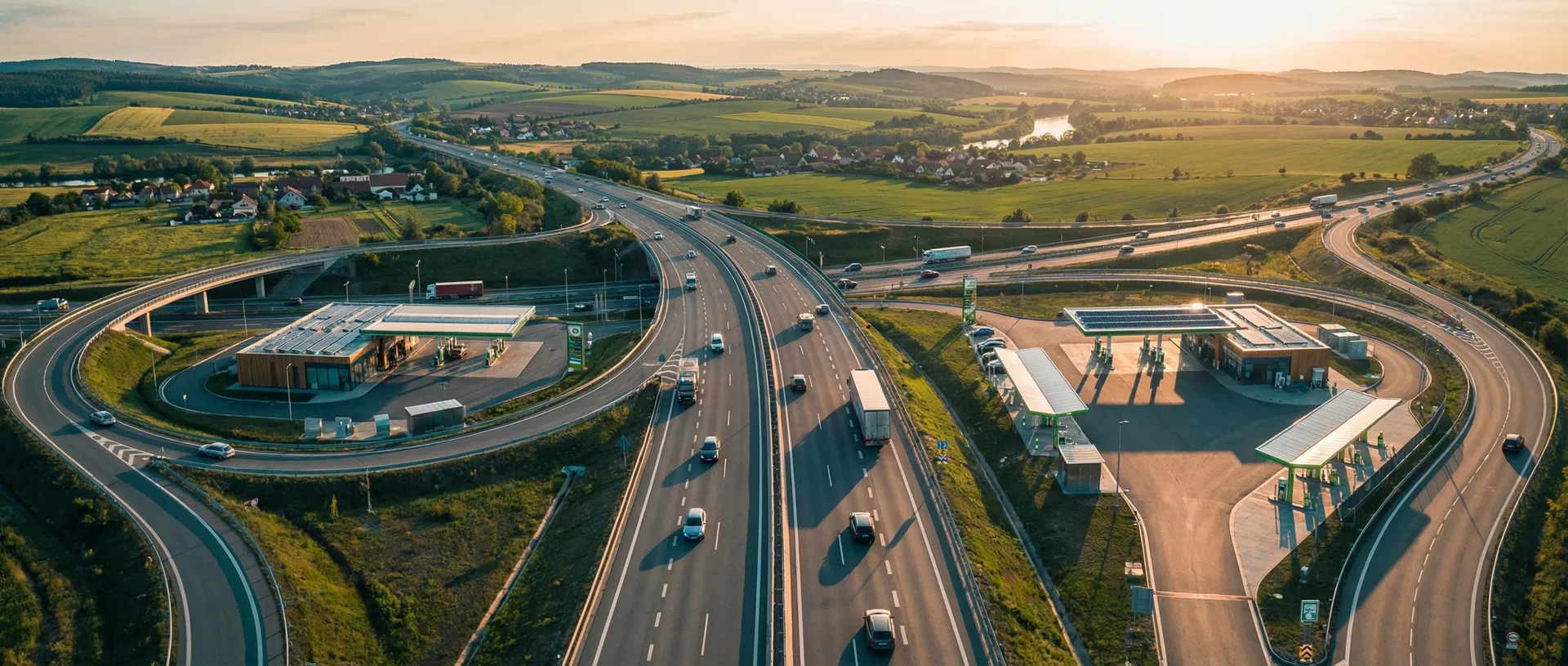 Aerial view of a European highway interchange with fuel stations