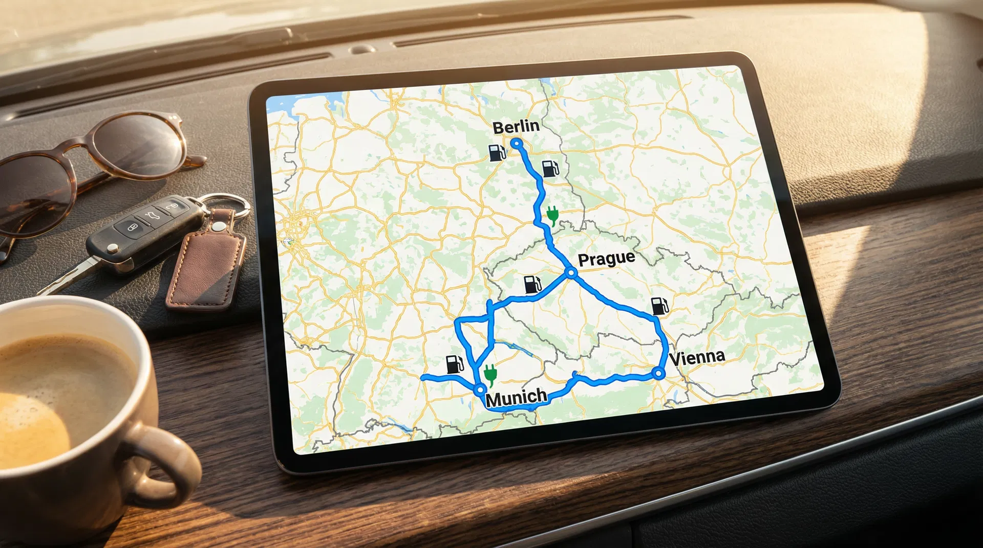 Route planning map with highway and fuel stops