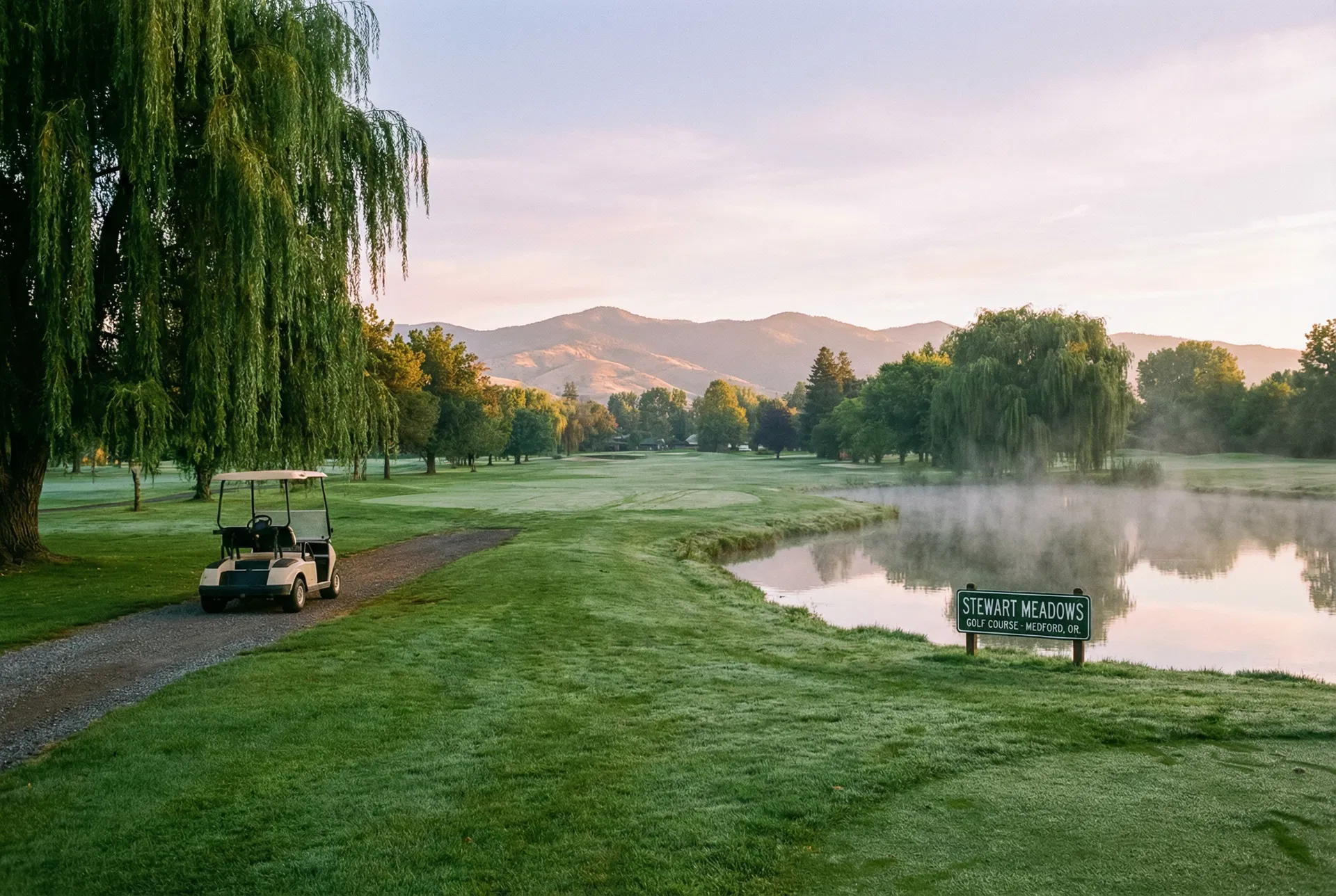 Stewart Meadows fairway with willow trees and pond