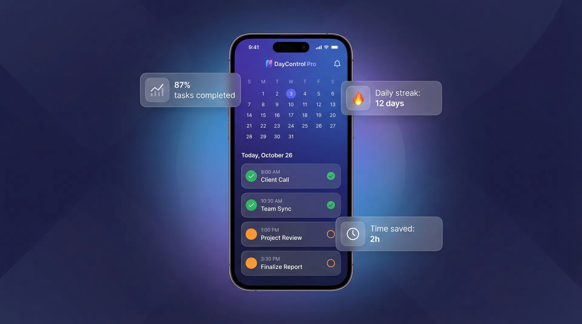 DayControl Pro — painel de controle de agenda integrado ao Google Calendar com métricas de produtividade e controle de execução de tarefas