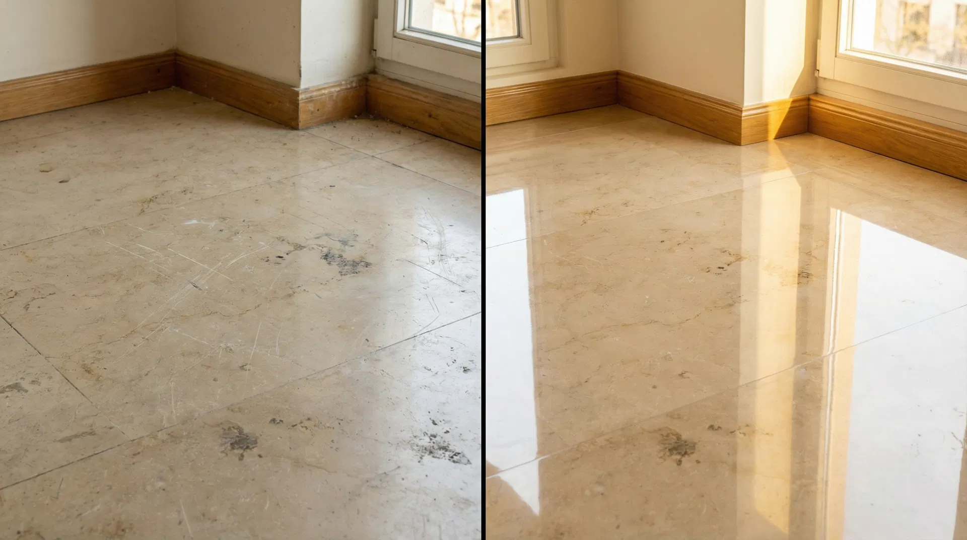 Marmorboden Vorher-Nachher-Vergleich: links stumpf und verkratzt, rechts professionell geschliffen und poliert (KI-generierte Visualisierung)
