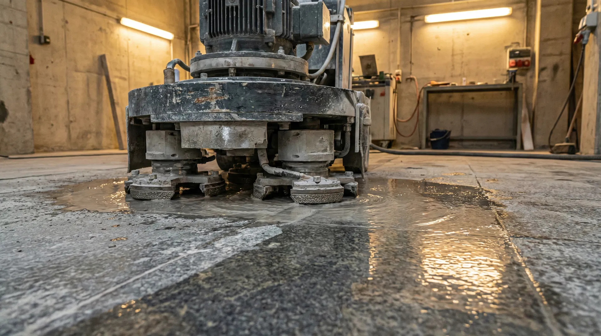 Professionelle Planetenschleifmaschine beim Nassschliff auf Natursteinboden mit Diamantschleifpads (KI-generierte Visualisierung)