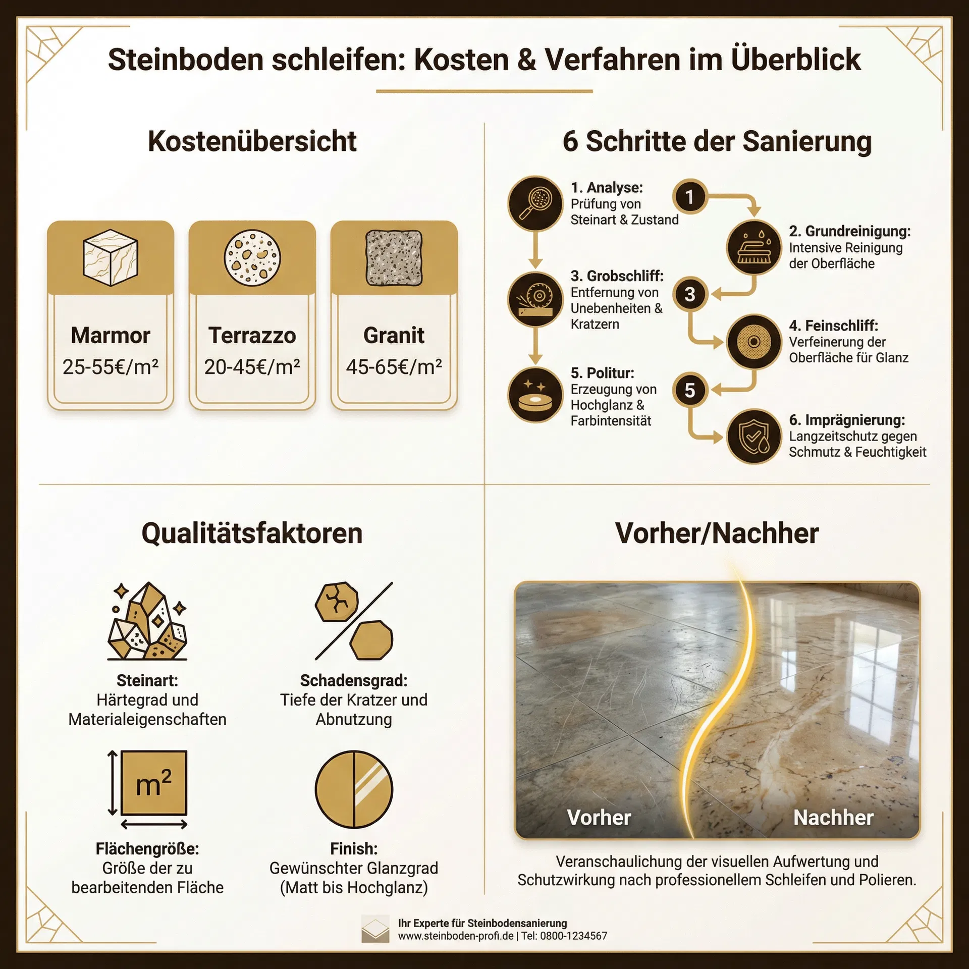 Infografik: Steinboden schleifen – Kosten und Verfahren im Überblick mit Preisen pro m² für Marmor, Terrazzo und Granit (KI-generierte Visualisierung)