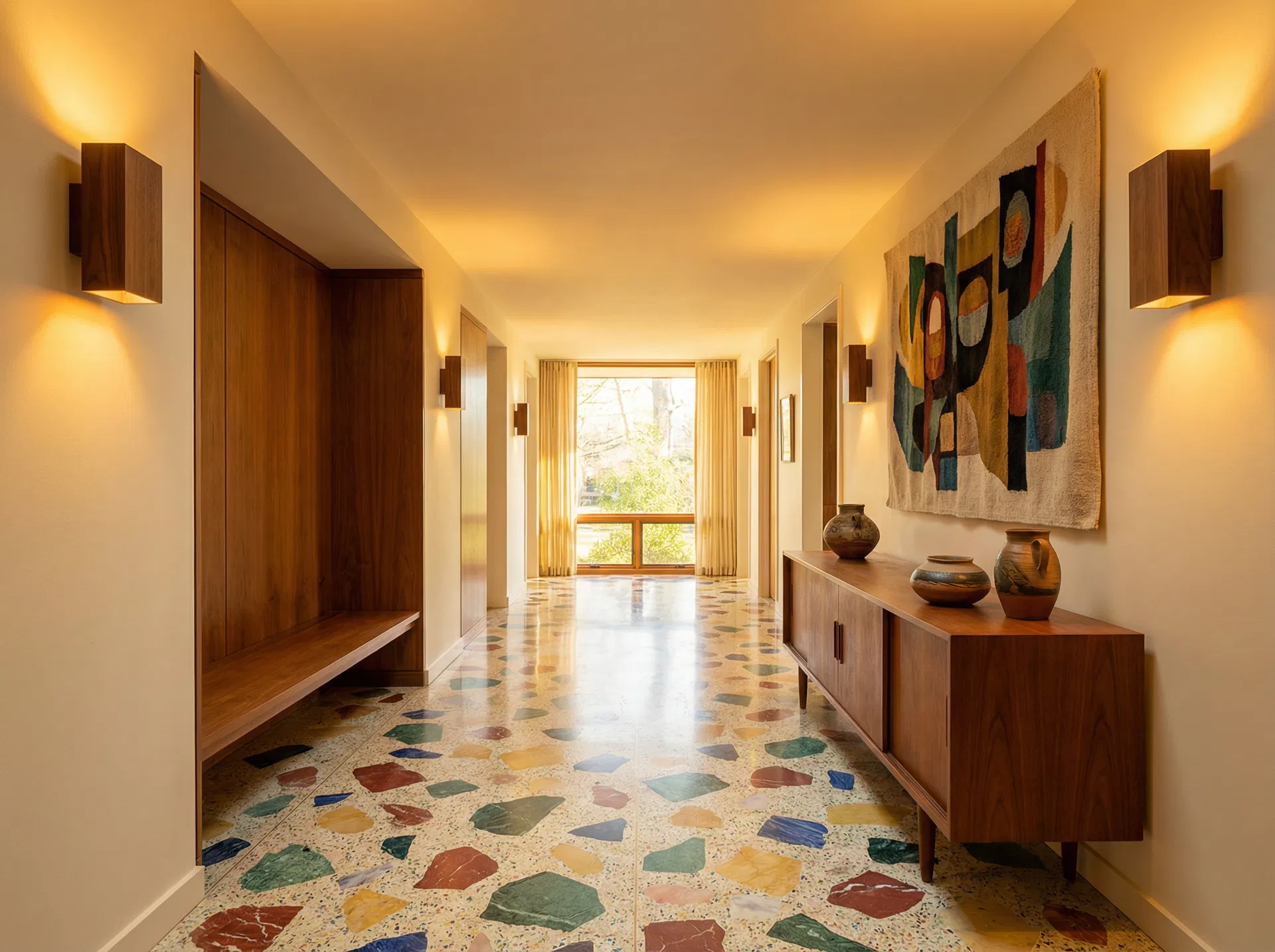 Modernes Interieur mit einem polierten, hellen Terrazzoboden