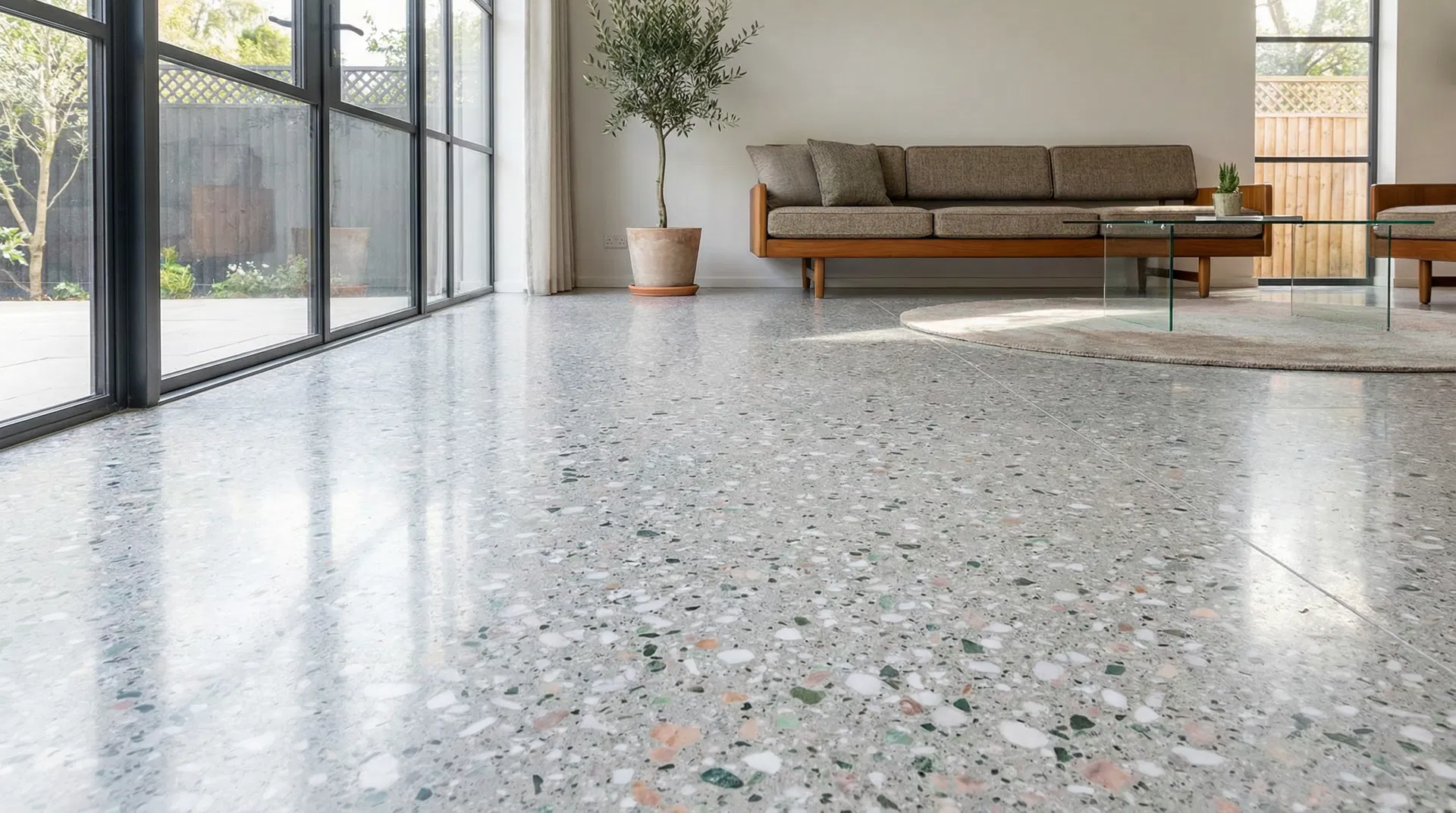 Glänzender Terrazzoboden nach professioneller Reinigung und Politur