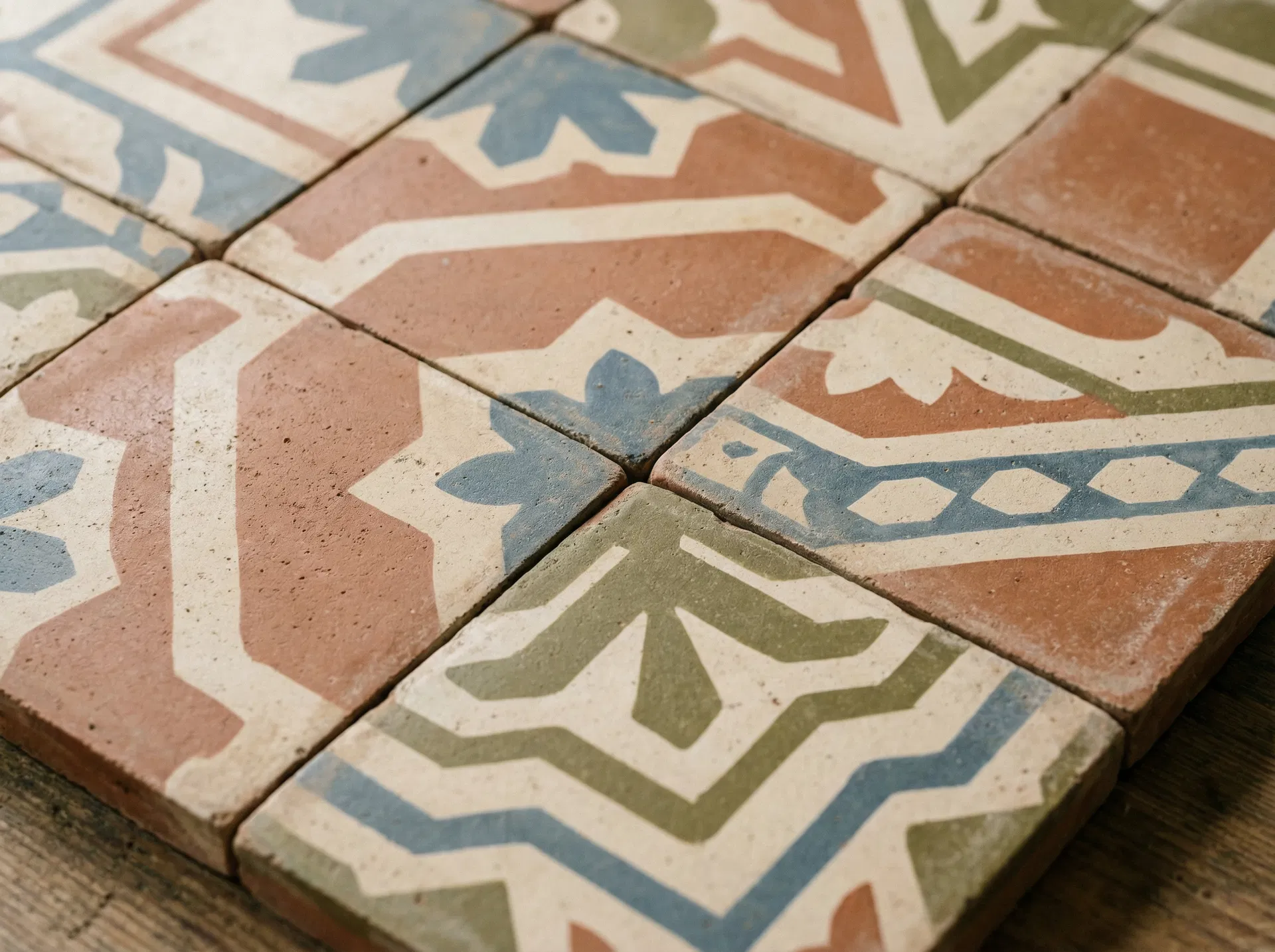 Nahaufnahme von bunten, gemusterten Zementfliesen an einer Wand
