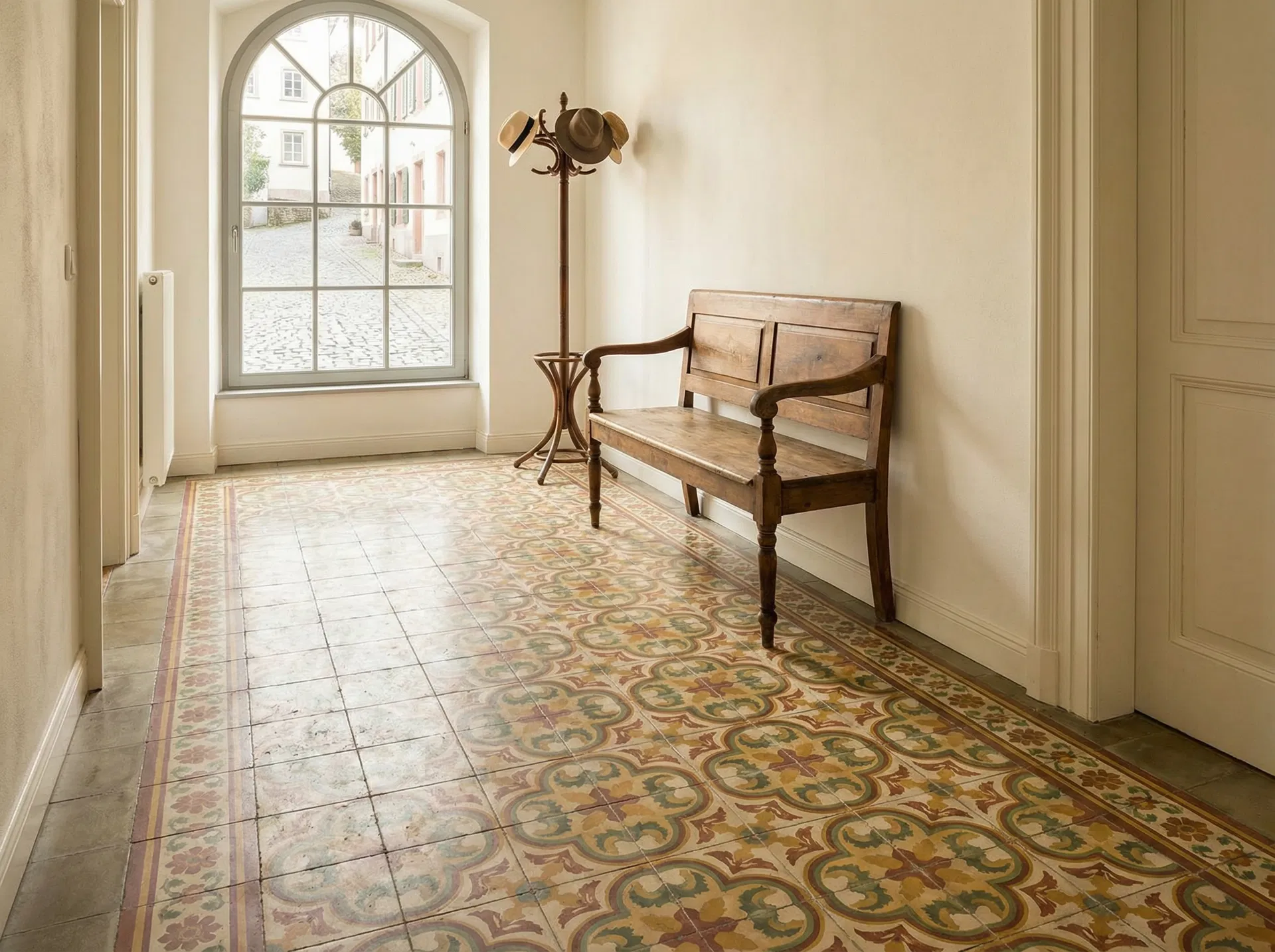 Handwerker bei der Verlegung von dekorativen Zementfliesen