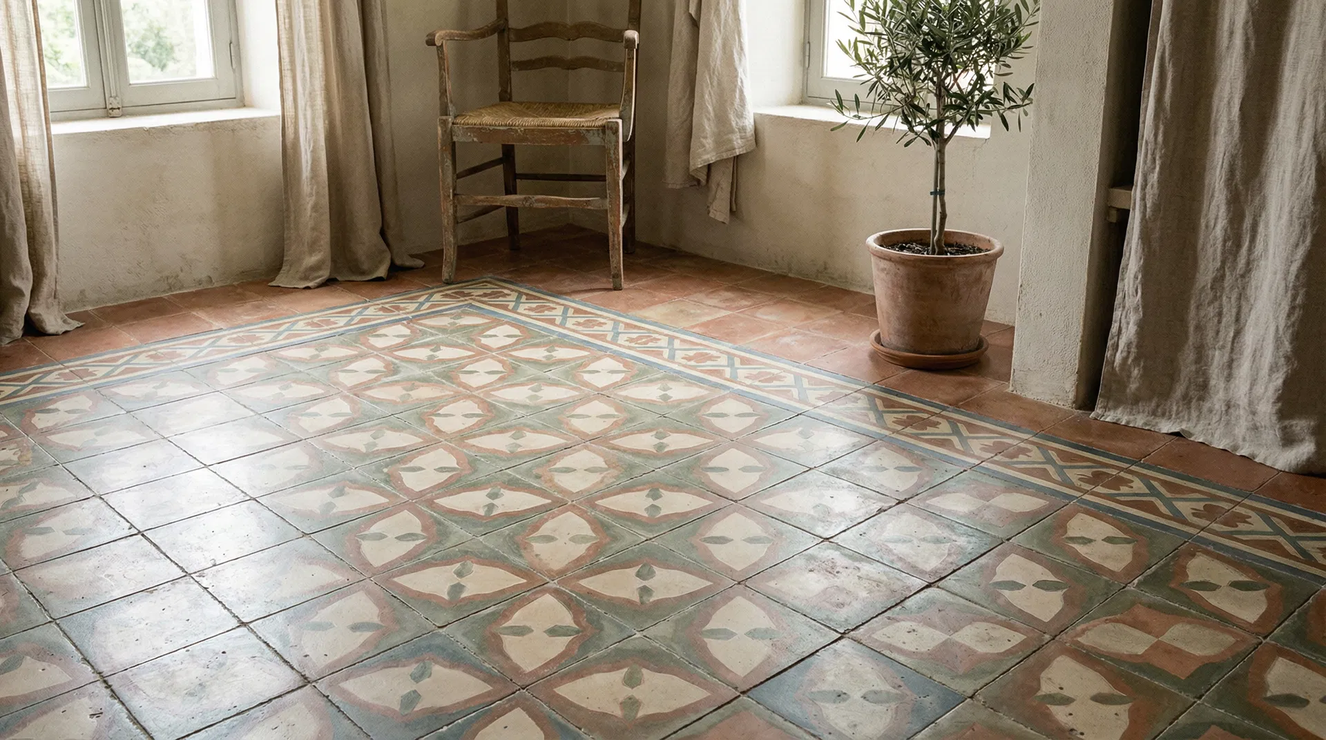 Glänzender Zementfliesenboden nach professioneller Reinigung