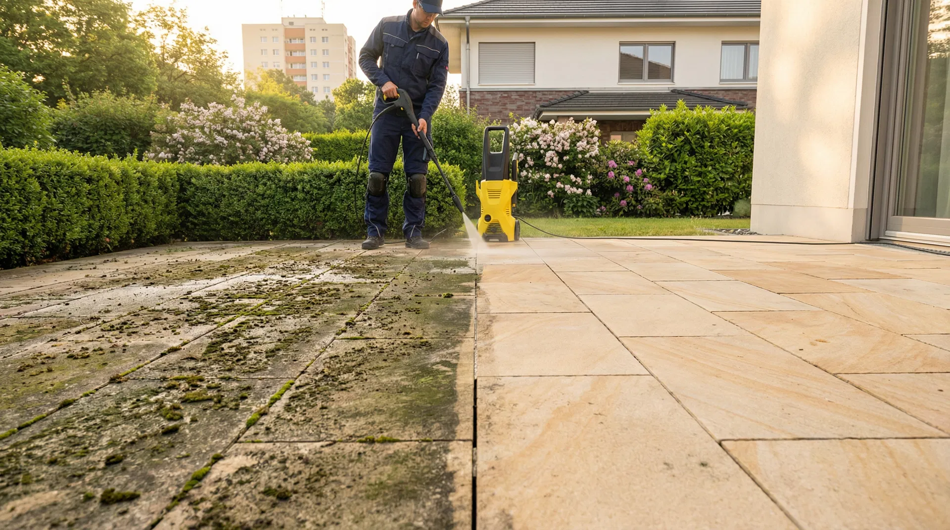 Professionelle Algenentfernung auf Naturstein-Terrasse in Berlin – Vorher/Nachher