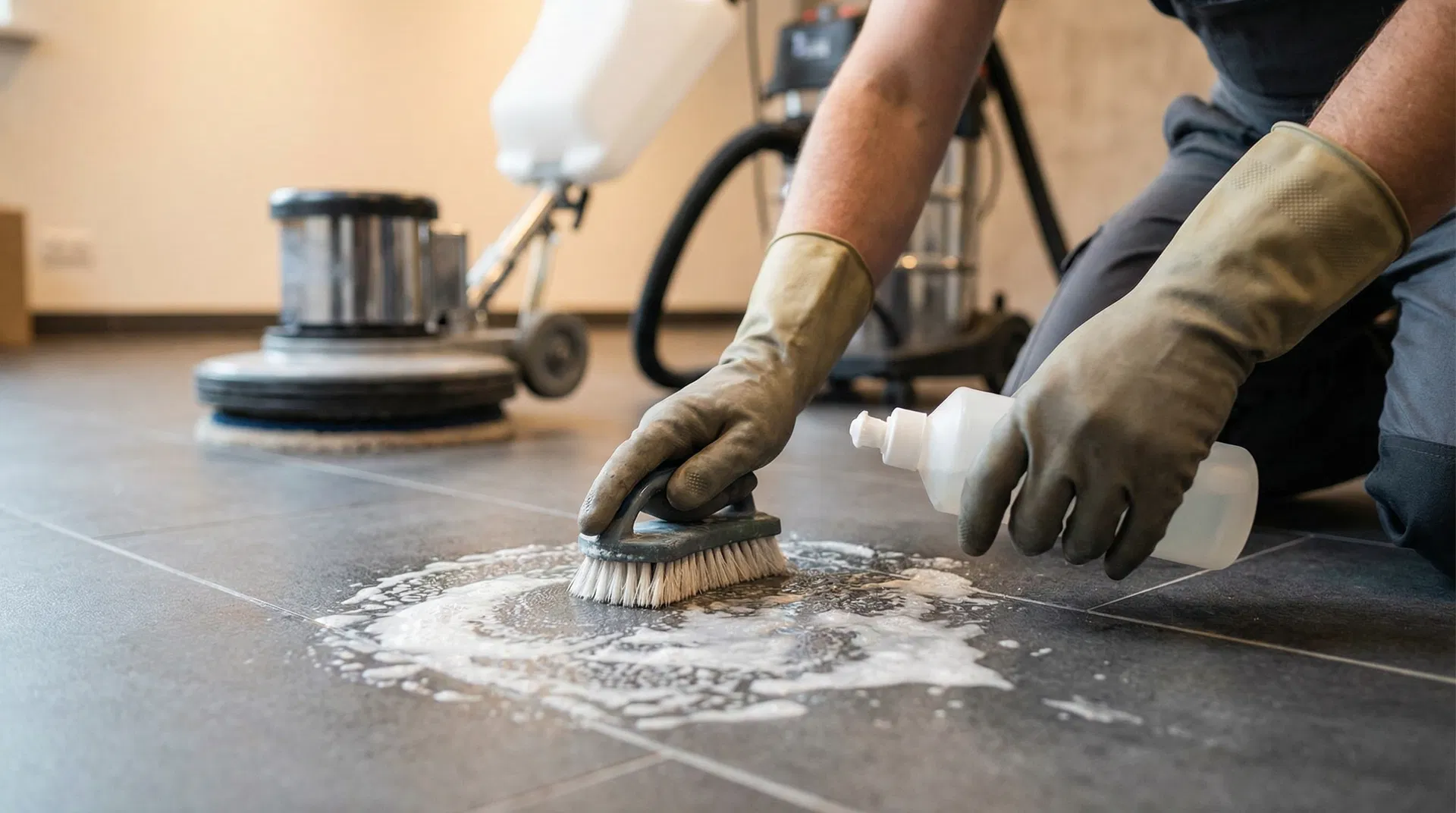 Professionelle Epoxidharz-Entfernung mit Fila CR10 auf Feinsteinzeugfliesen in Berlin