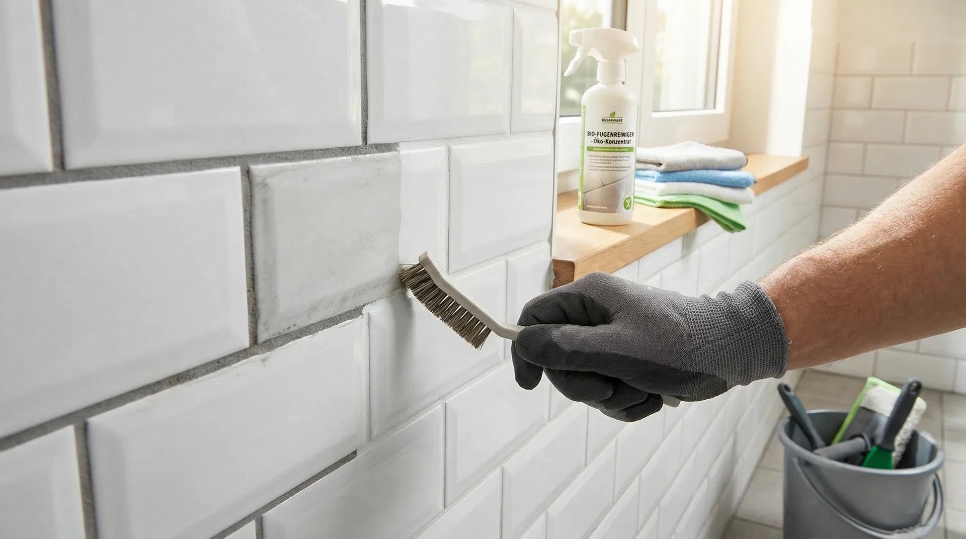 Professionelle Fugenreinigung in einem Berliner Badezimmer – Fugenbürste auf weißen Fliesen