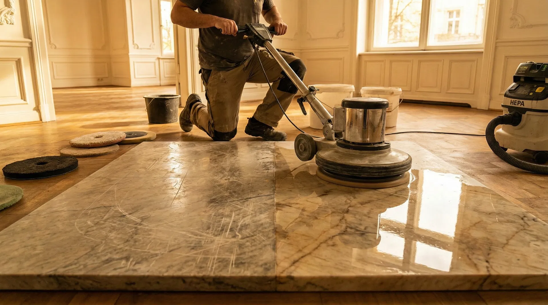 Professionelle Natursteinsanierung in Berlin – Marmorboden wird mit Diamantschleifmaschine poliert