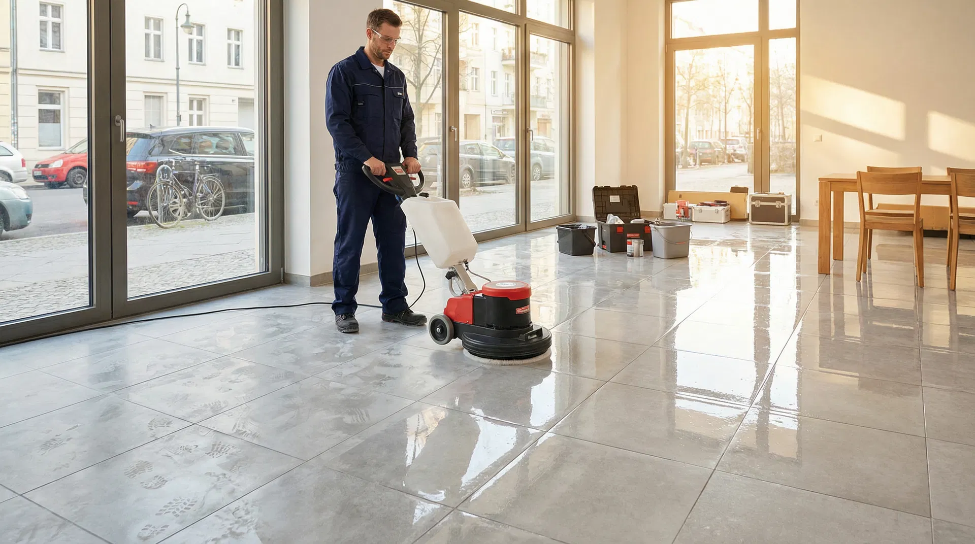 Professionelle Feinsteinzeugreinigung in einem Berliner Wohnraum – Fachmann reinigt großformatige Feinsteinzeugfliesen mit Einscheibenmaschine