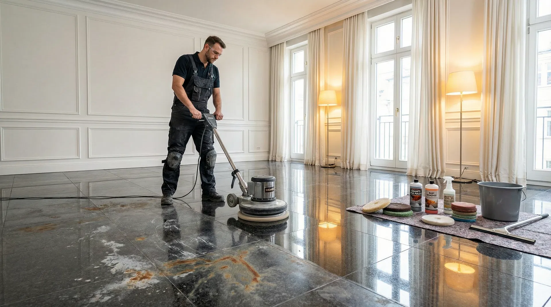 Granit Vorher – Verschmutzter Granitboden mit Rostflecken und Ablagerungen