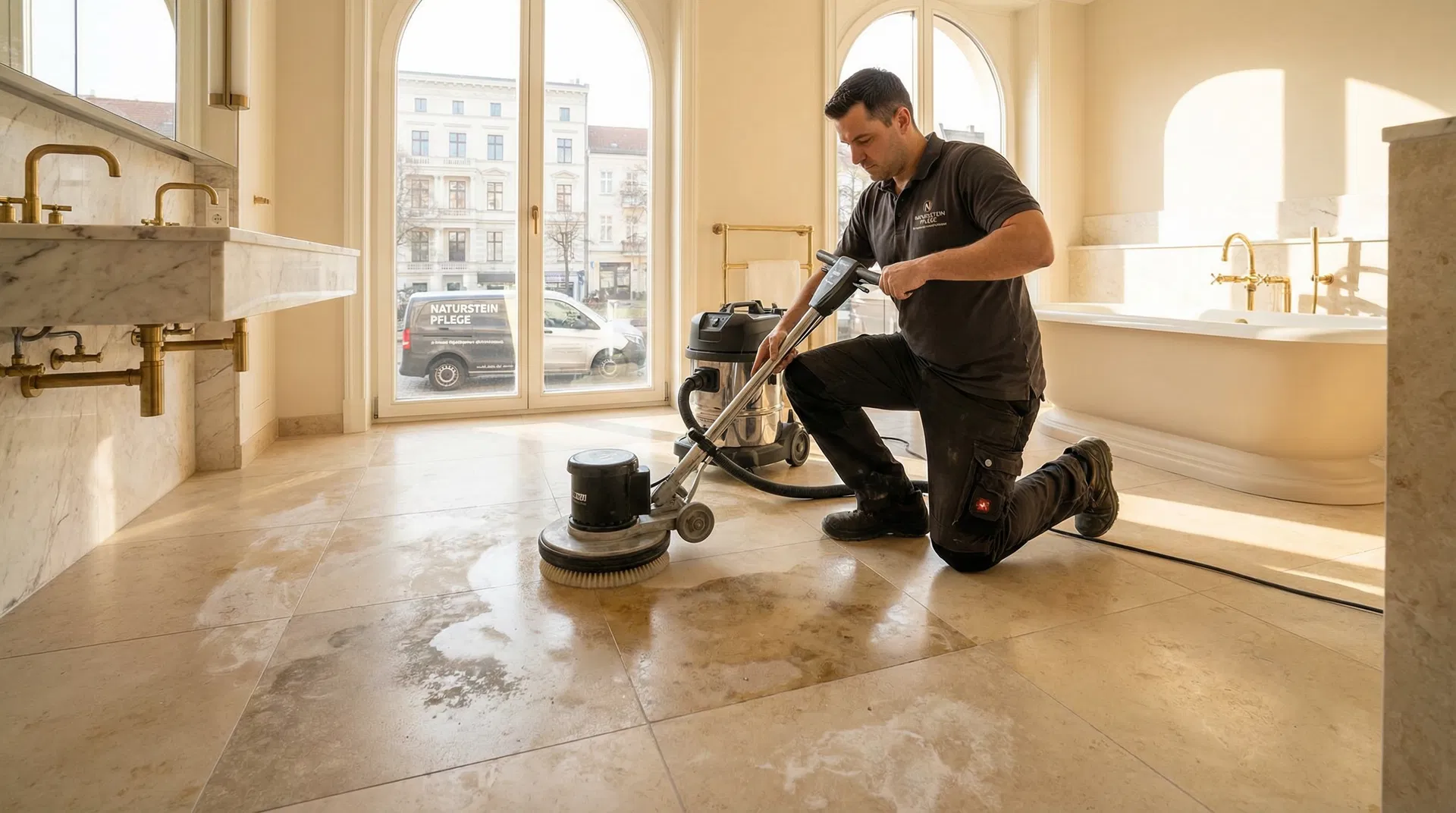 Professionelle Kalksteinreinigung in einem Berliner Badezimmer – Fachmann entfernt hartnäckige Ablagerungen von Kalksteinboden