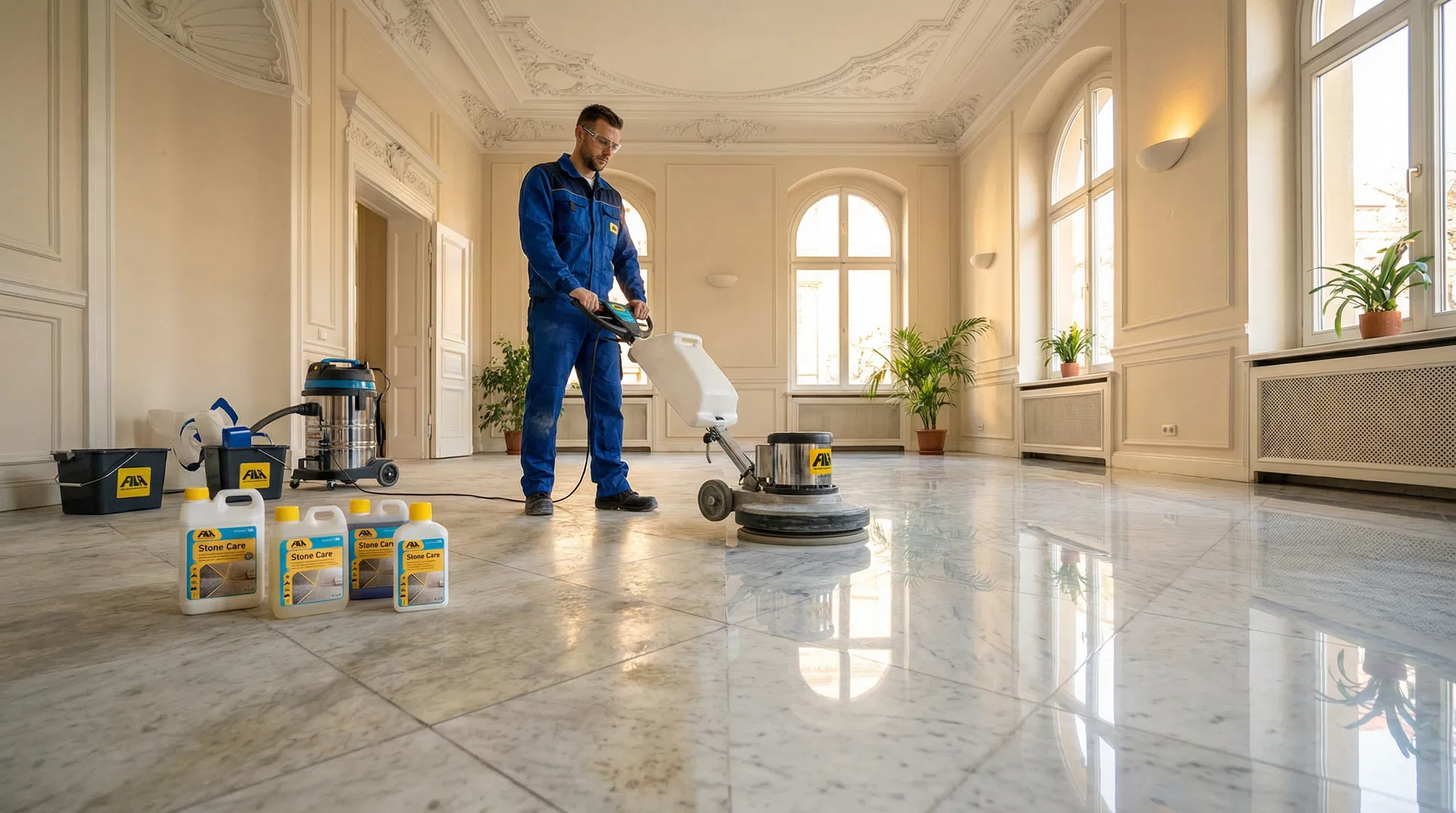 Professionelle Marmorreinigung in einem Berliner Altbau – Fachmann poliert Carrara-Marmorboden mit Einscheibenmaschine