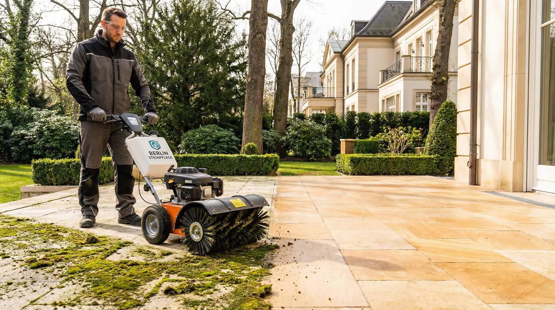 Professionelle Moosentfernung von Natursteinterrasse in Berlin – Fachmann entfernt Moos mit Bürstenmaschine, Vorher-Nachher-Effekt sichtbar