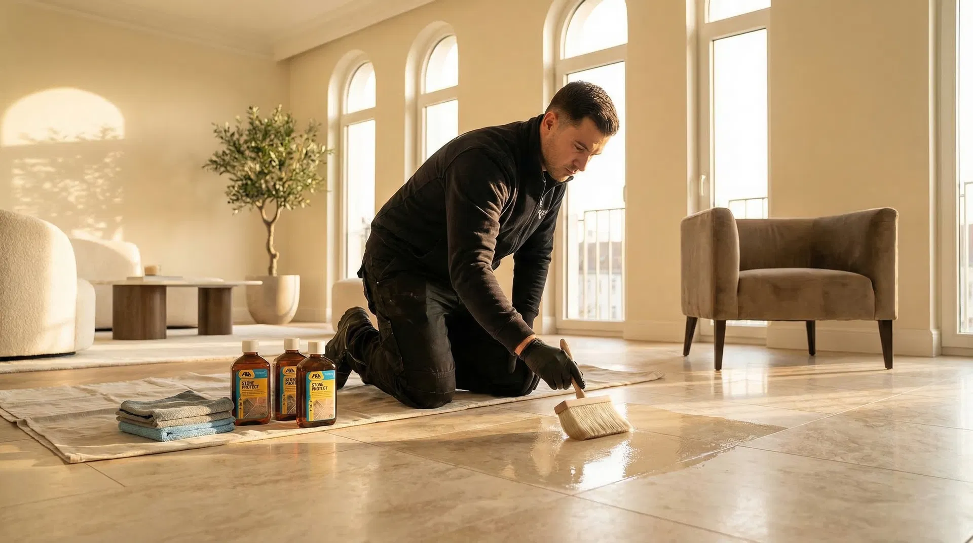 Professionelle Naturstein-Imprägnierung in einem Berliner Altbau – Fachmann trägt Schutzlösung auf Marmorboden auf