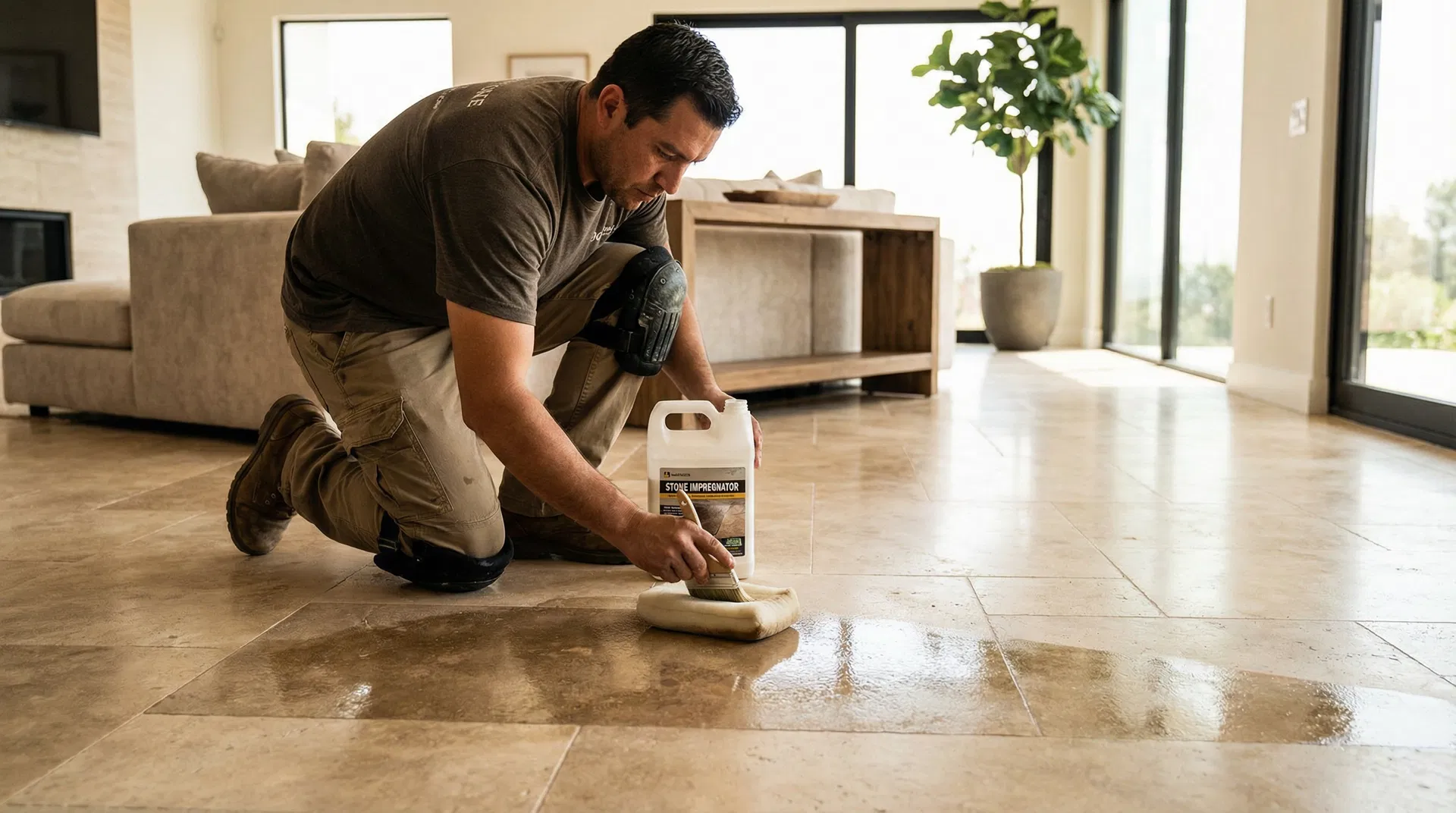 Professionelle Naturstein-Imprägnierung – Fachmann trägt Schutz auf Travertinboden auf