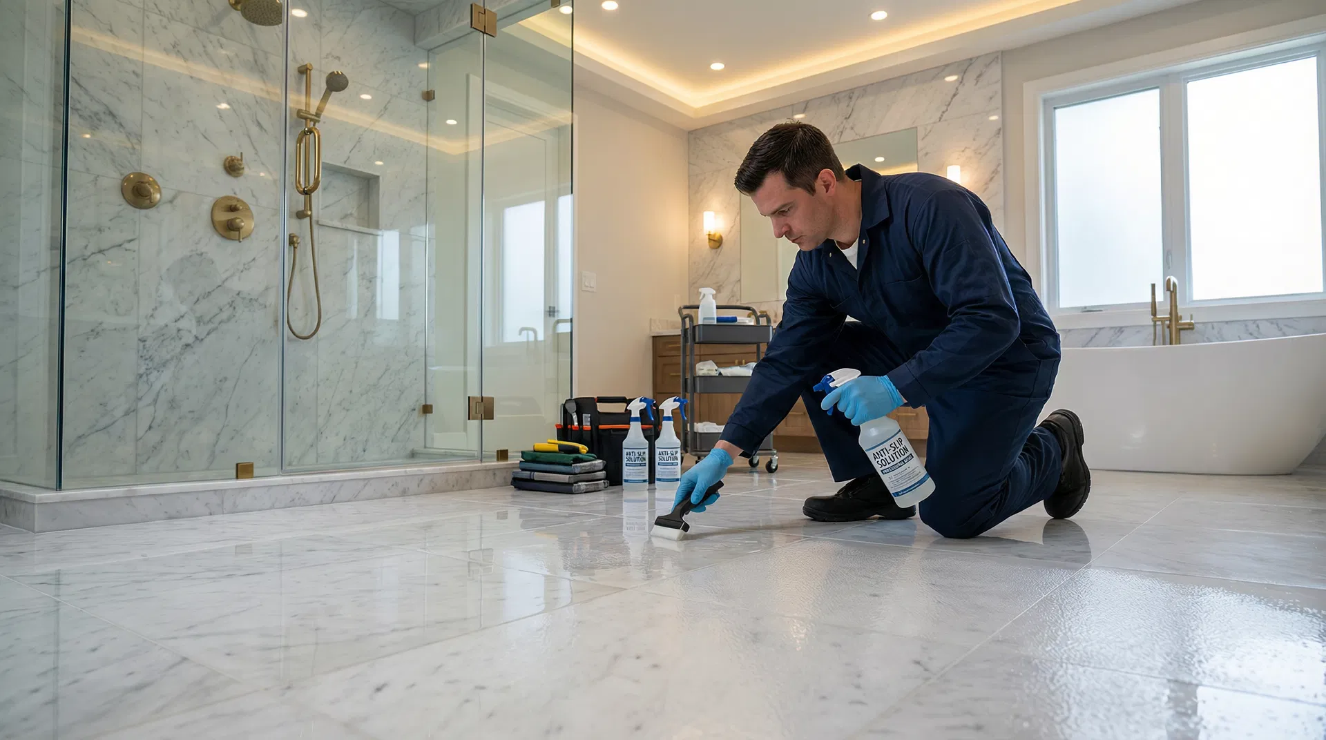 Professionelle Anti-Rutsch-Behandlung auf Naturstein in einem Berliner Badezimmer