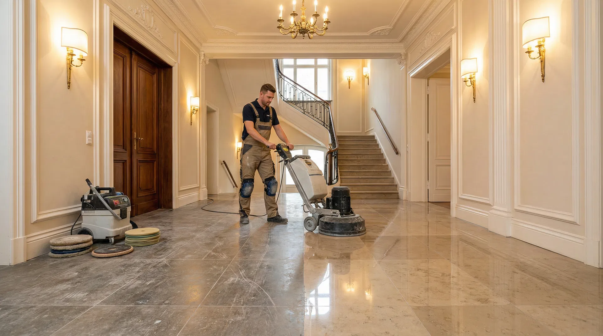 Professionelle Steinbodensanierung in einem Berliner Altbau – Fachmann schleift Natursteinboden mit Diamantmaschine