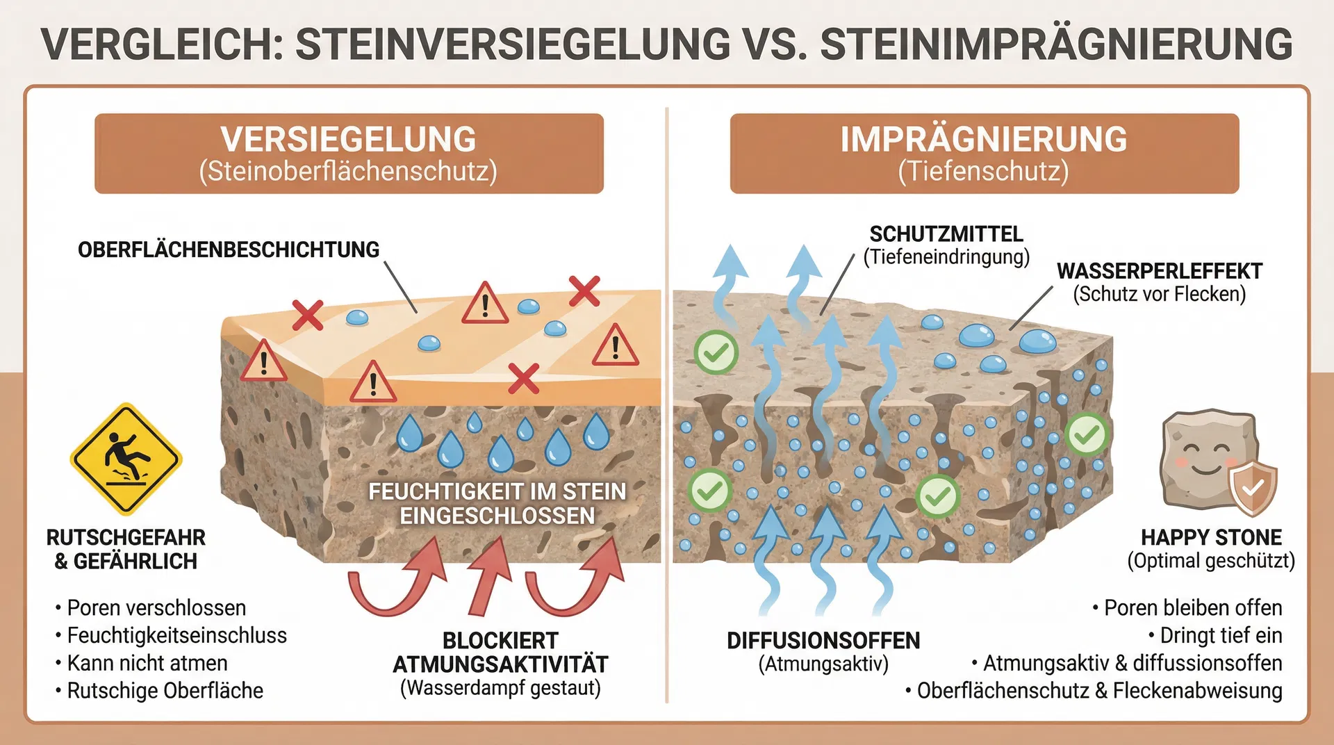 Infografik: Vergleich Steinversiegelung vs. Steinimprägnierung – Querschnitt zeigt Schichtaufbau der Versiegelung und Tiefeneindringung der Imprägnierung