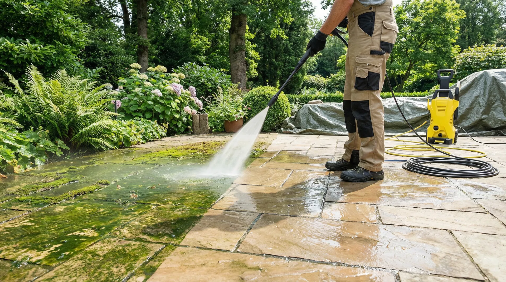 Algen und Moos auf Terrassen entfernen