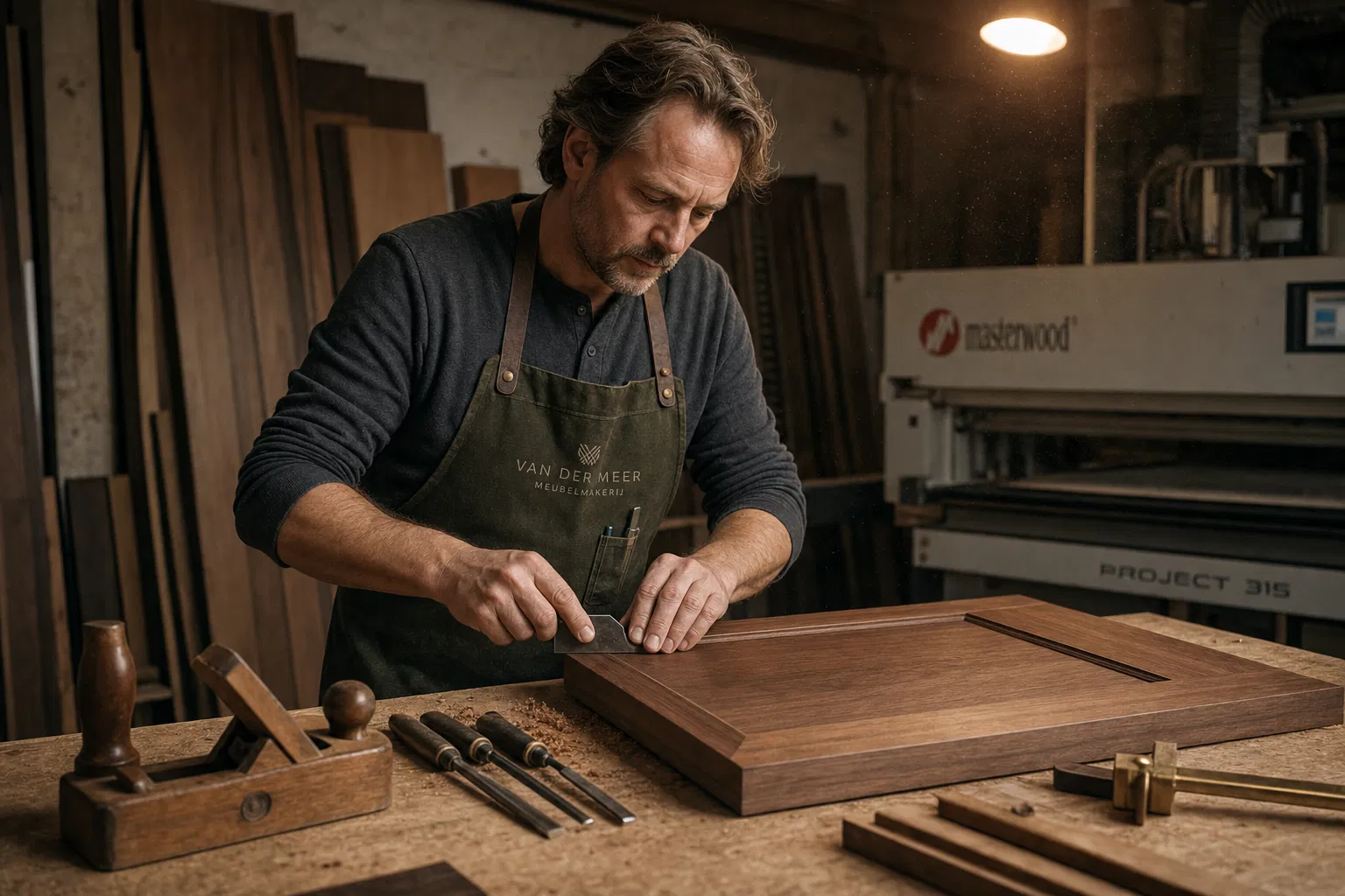 Meubelmaker werkt een walnoten deur af
