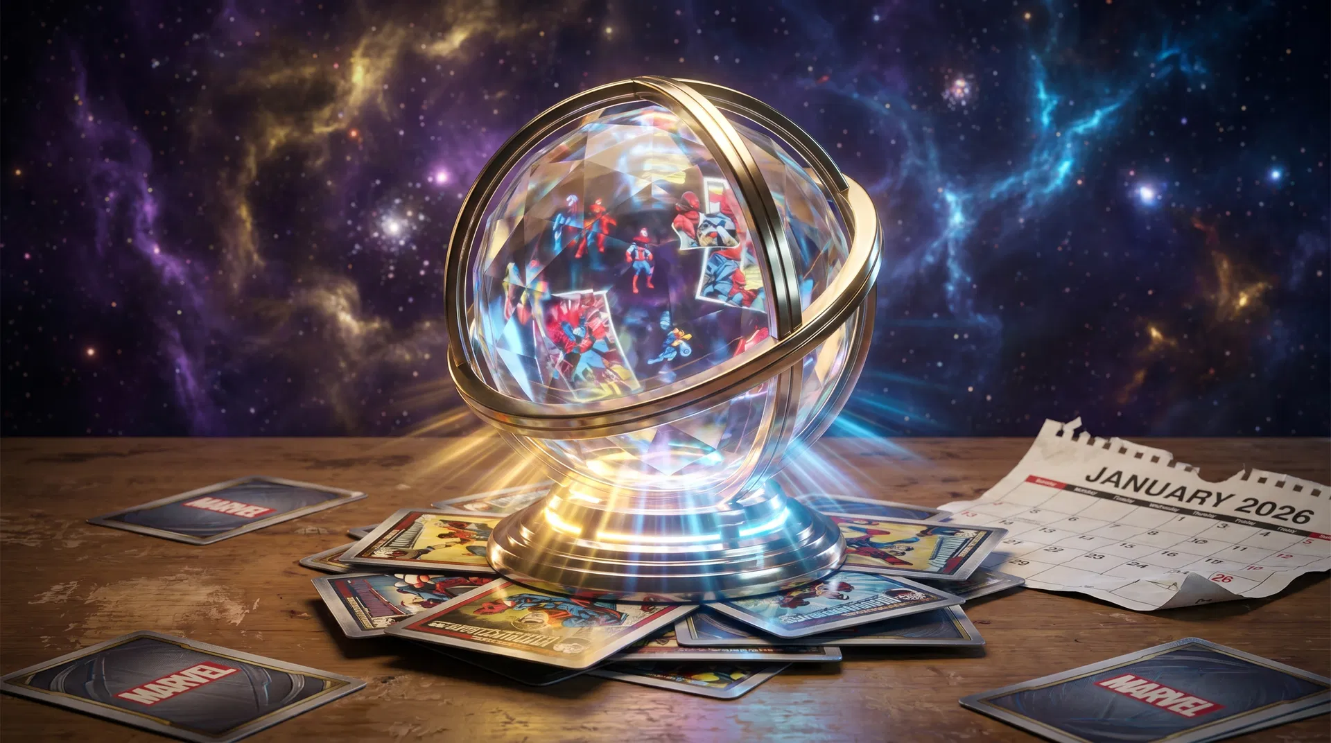 Crystal ball on Marvel cards suggesting future predictions for 2026