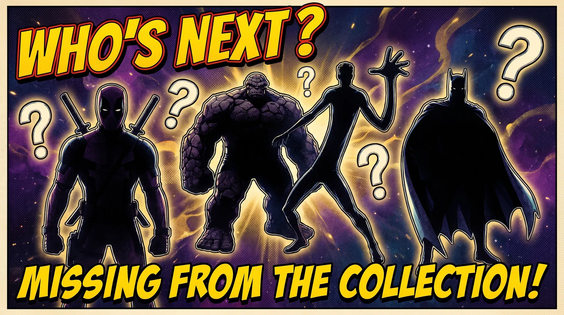 Silhouetted Marvel characters suggesting missing heroes from the set