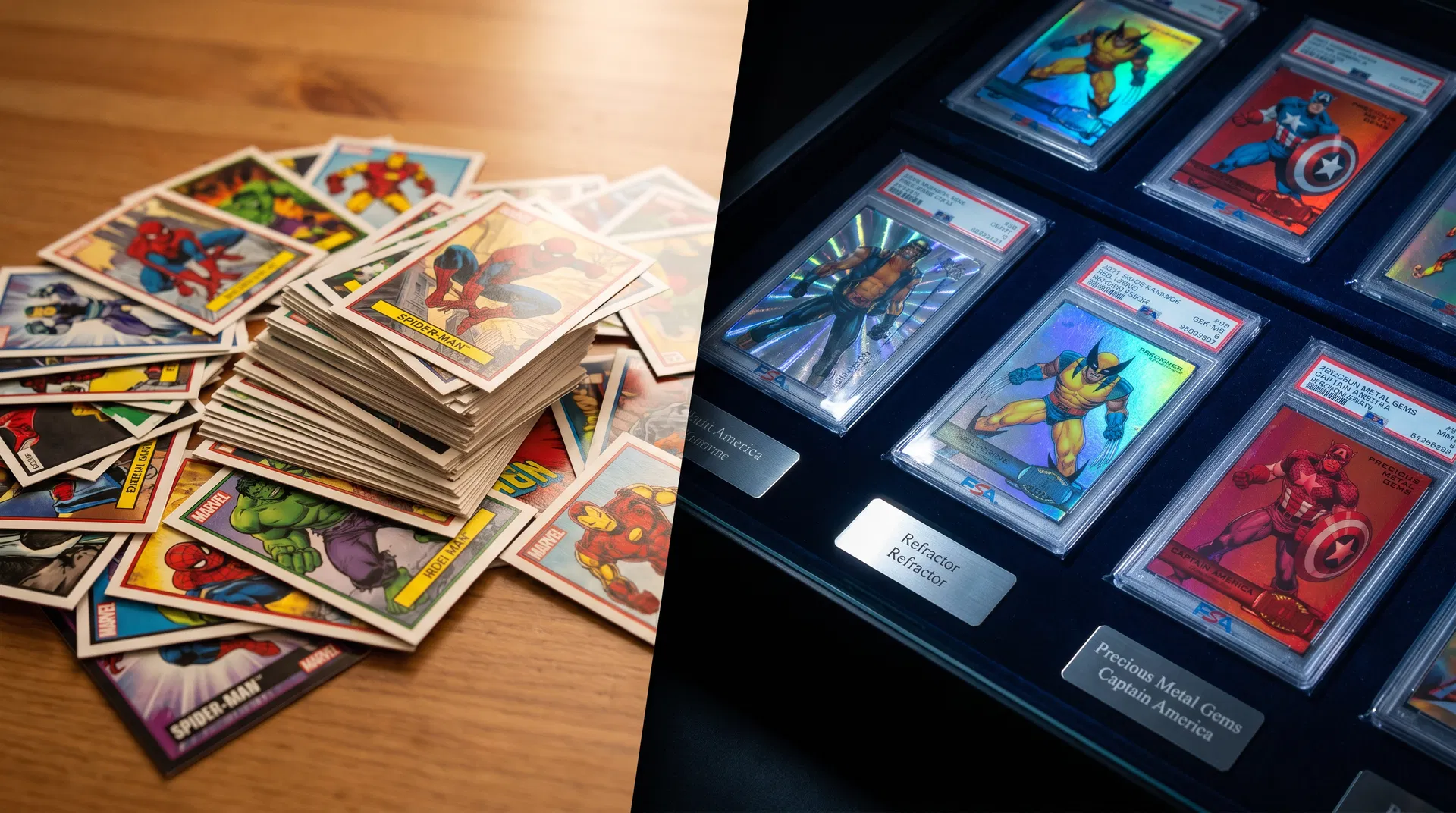 Budget friendly cards alongside premium graded slabs showing the range of collecting tiers