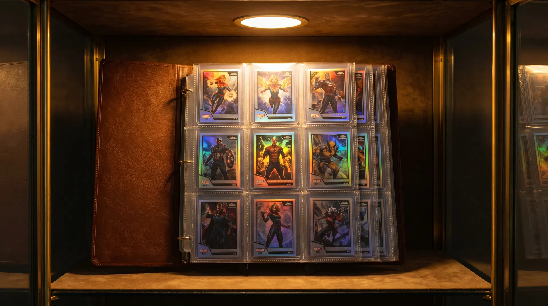 Complete Marvel trading card set displayed in a premium binder with protective sleeves