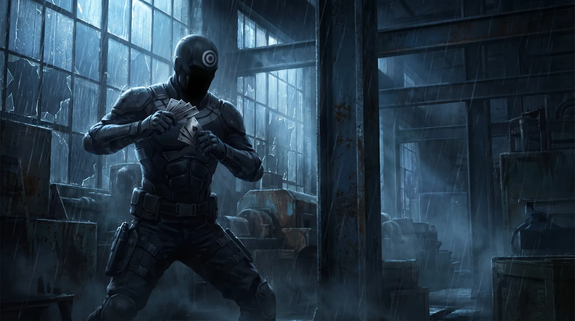 Bullseye in tactical gear holding throwing cards in a dark warehouse