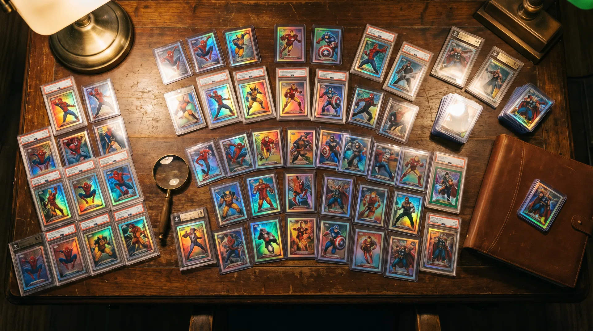 Premium Marvel trading card collection displayed on wooden desk with holographic refractors