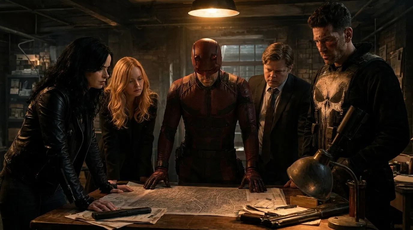 The resistance team planning their next move in an underground safehouse