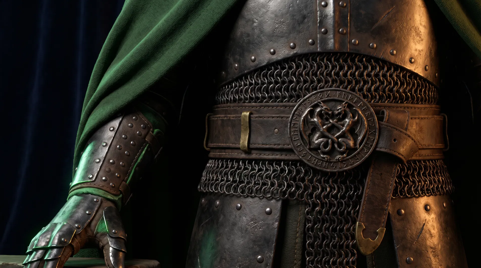 Close-up detail of Doctor Doom's medieval armor showing the ornate belt buckle and chainmail texture