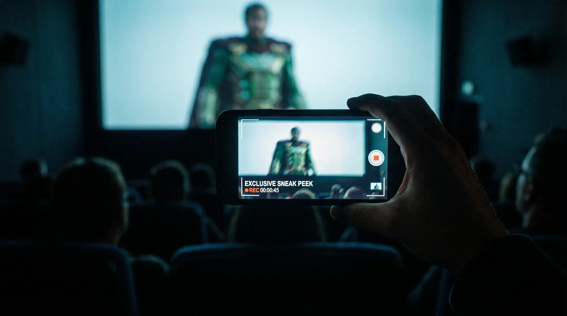 Someone secretly recording exclusive CinemaCon footage on their phone in a dark theater
