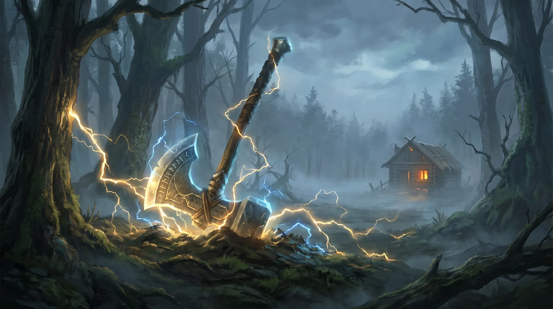 Stormbreaker axe crackling with lightning in misty forest