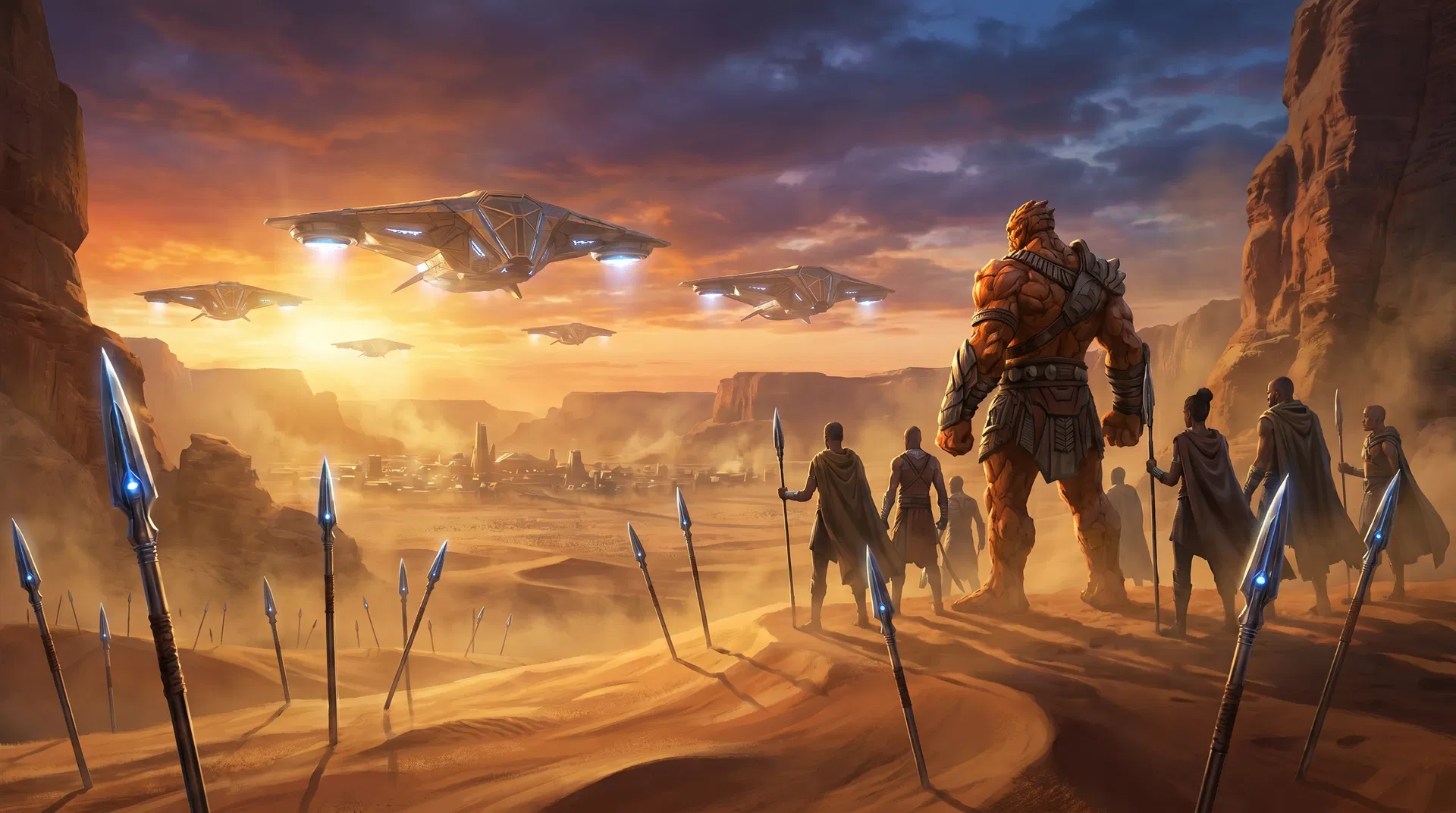 The Thing standing with Wakandan warriors in desert landscape