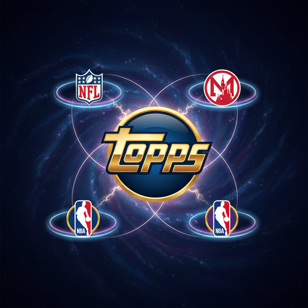 A stylized graphic showing the Topps logo prominently, with smaller logos for NFL, MLB, NBA, and Mar...