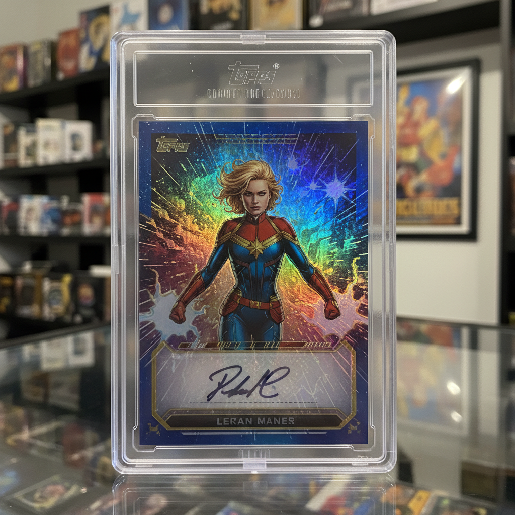 A vibrant, detailed close-up of a high-grade Topps Marvel trading card, slabbed by CGC, AGS, or PSA,...