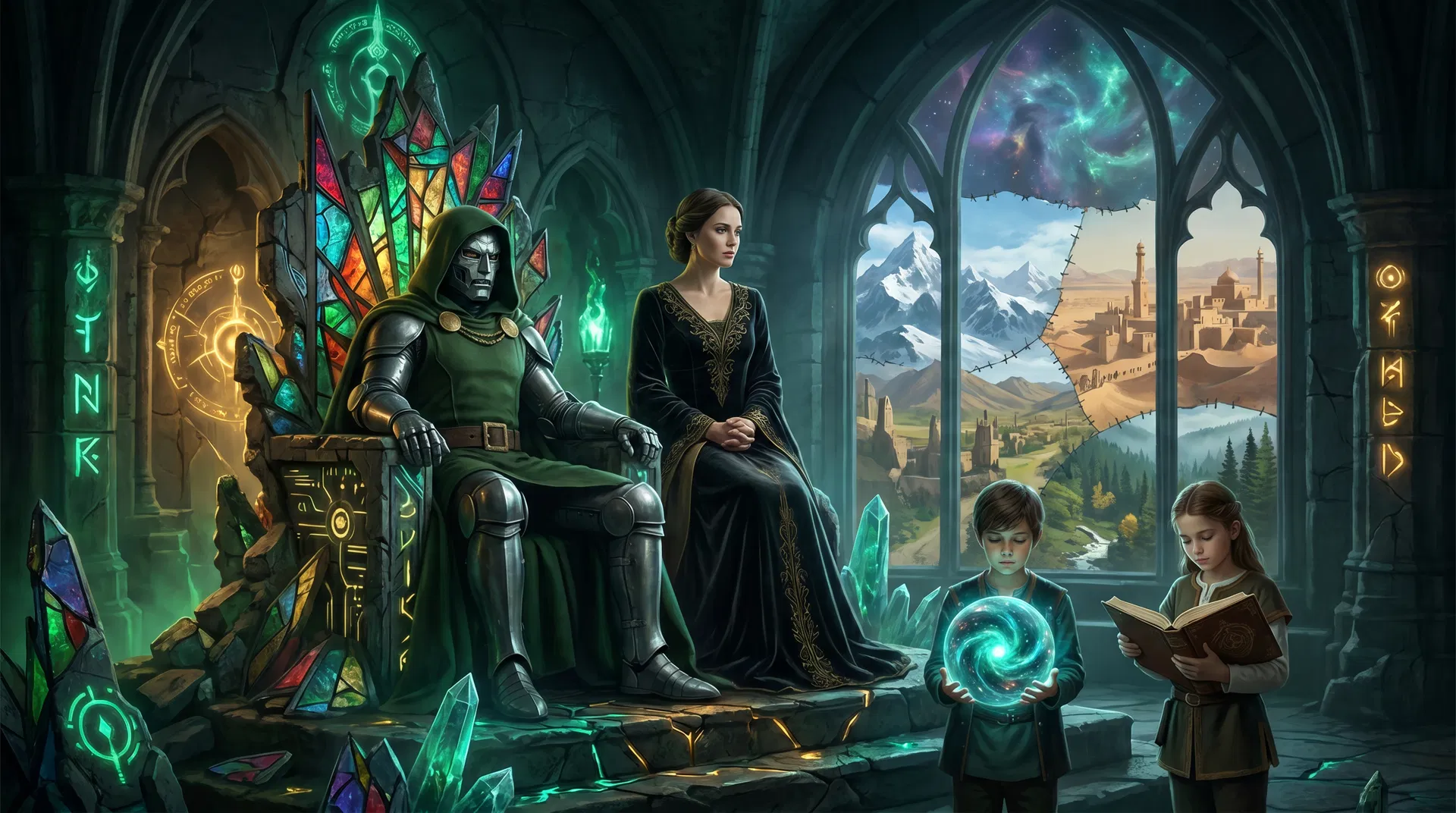 Doctor Doom on his throne with Sue Storm on Battleworld