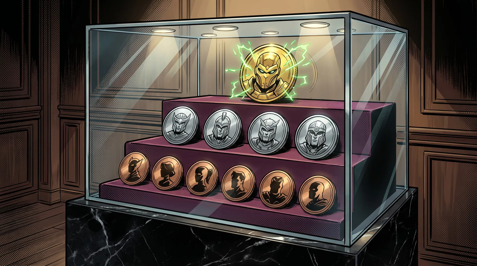 Marvel Mint tiered medallion display — Bronze, Silver, Gold, and Platinum tiers
